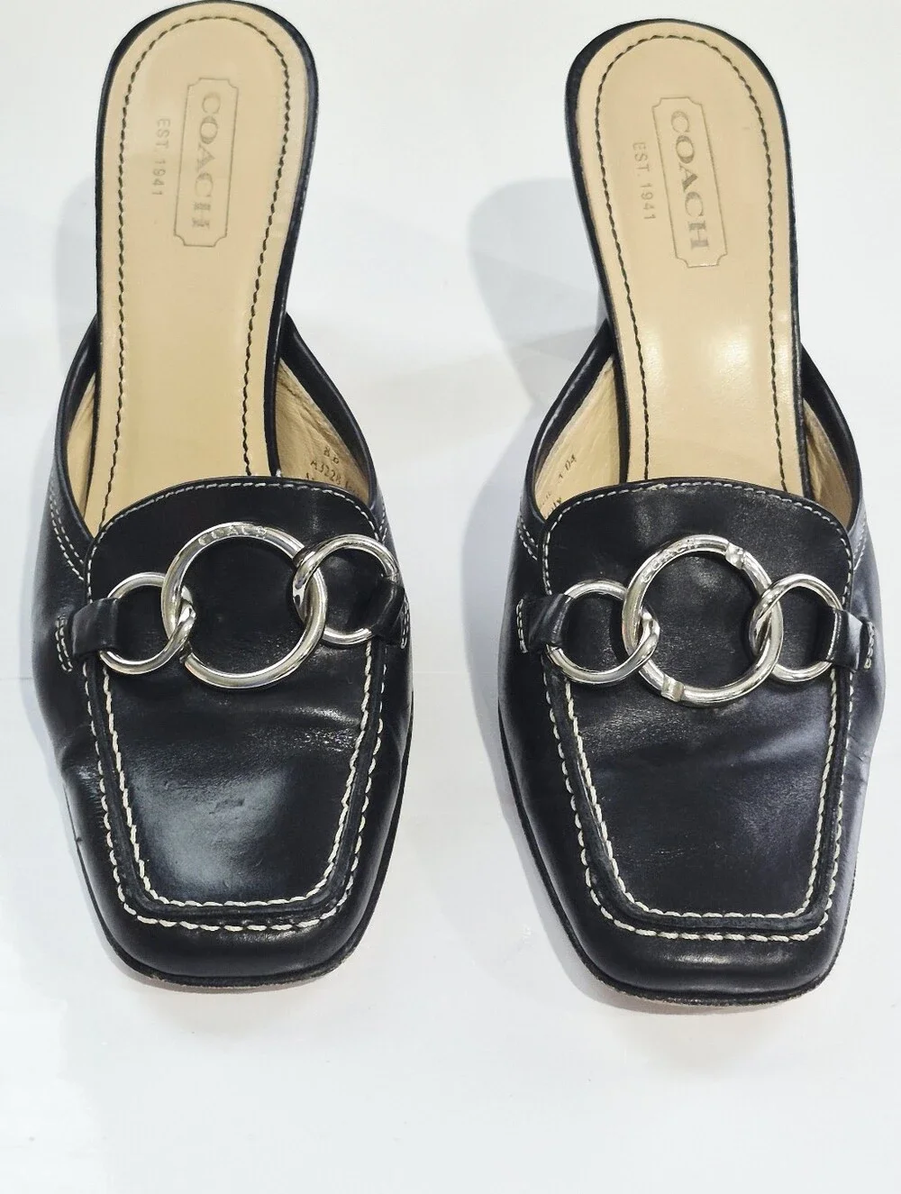 Coach Jacie Vintage Black Leather Ring-Detail Mule Heels Size 8B